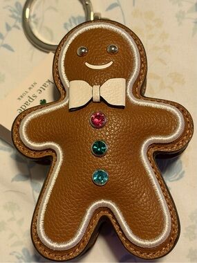 kate spade Brown Gingerbread Man Leather Keychain Charm with Colorful Gems
